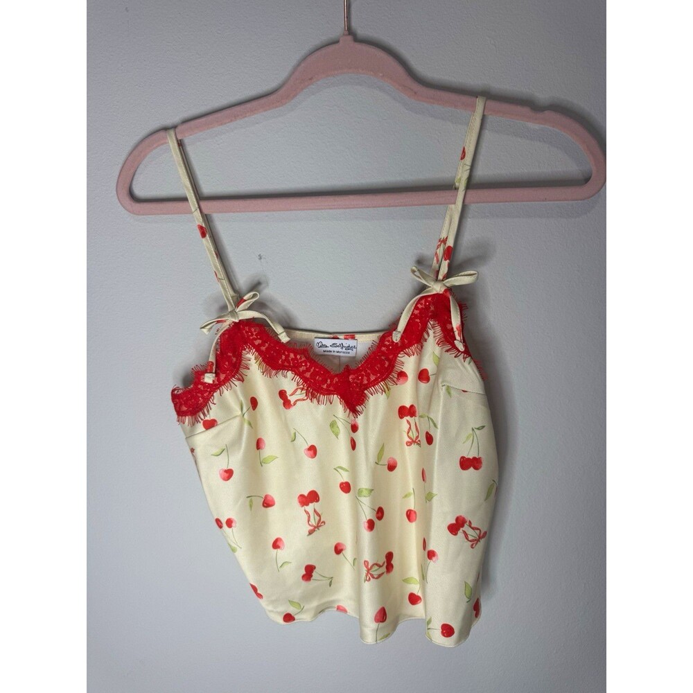 Miss Selfridge Cherry Print Lace Trim Camisole Top Cream Womens S